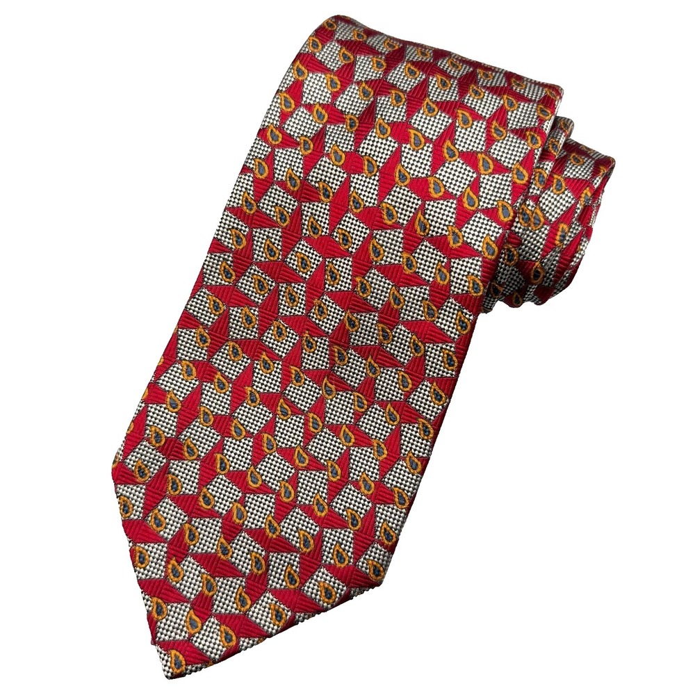 Robert Talbott Tie Mens Red Paisley Geometric Art Silk Luxury Necktie Made Italy